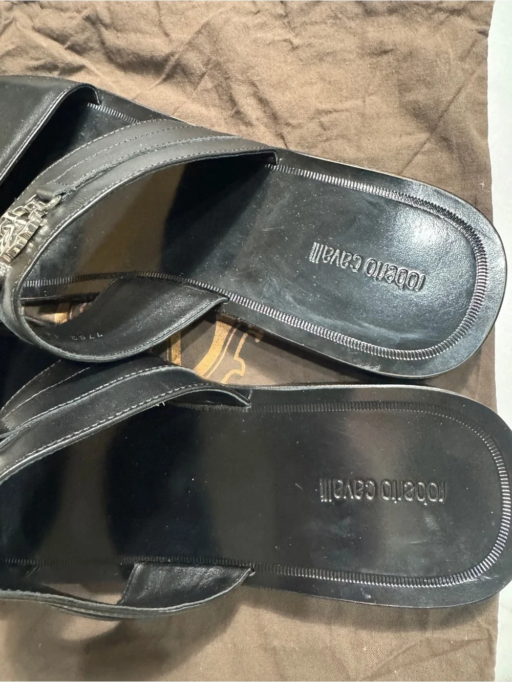 Roberto Cavalli Black Leather Slide Sandals with Metal Logo Accent